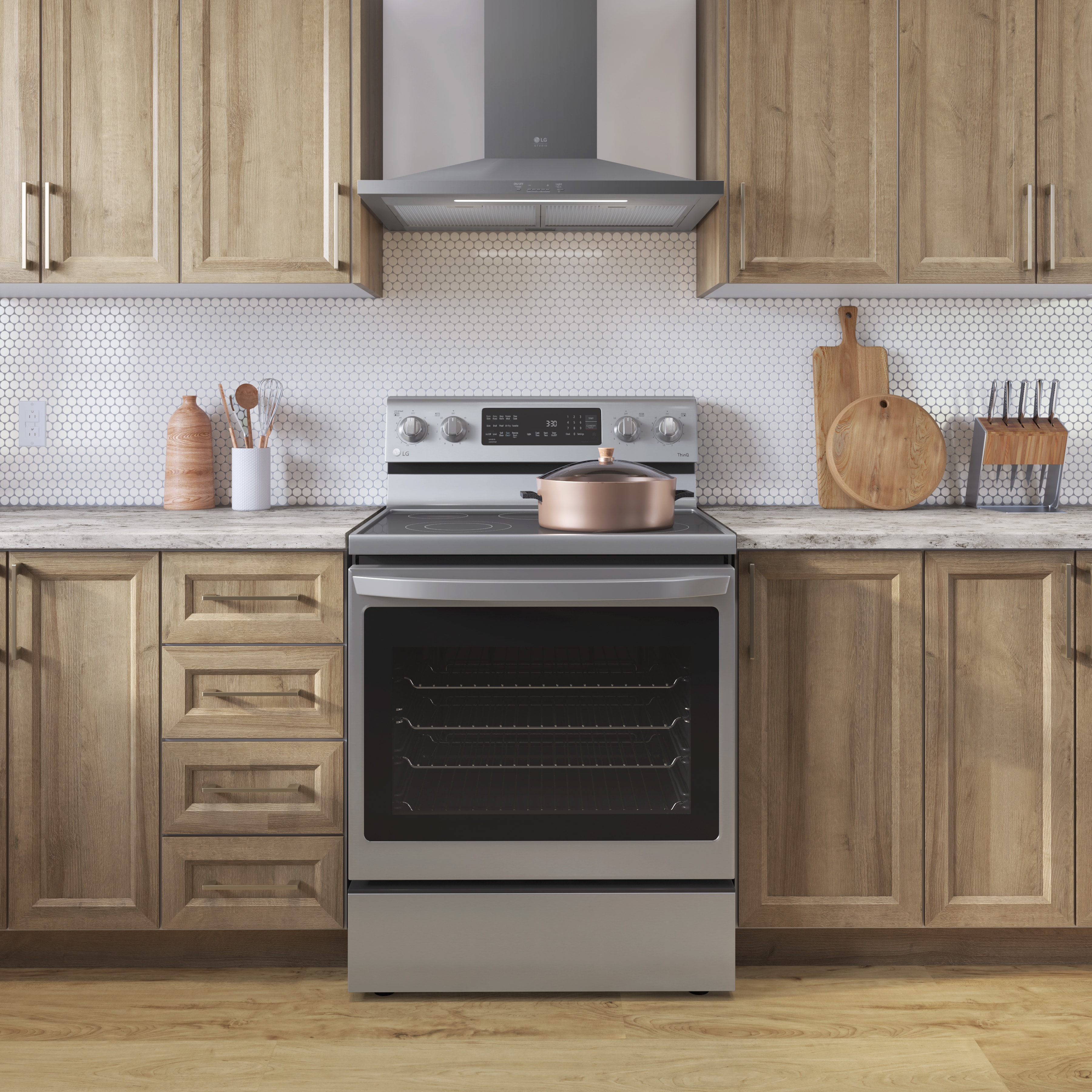 Kitchen with wood-finish cabinets