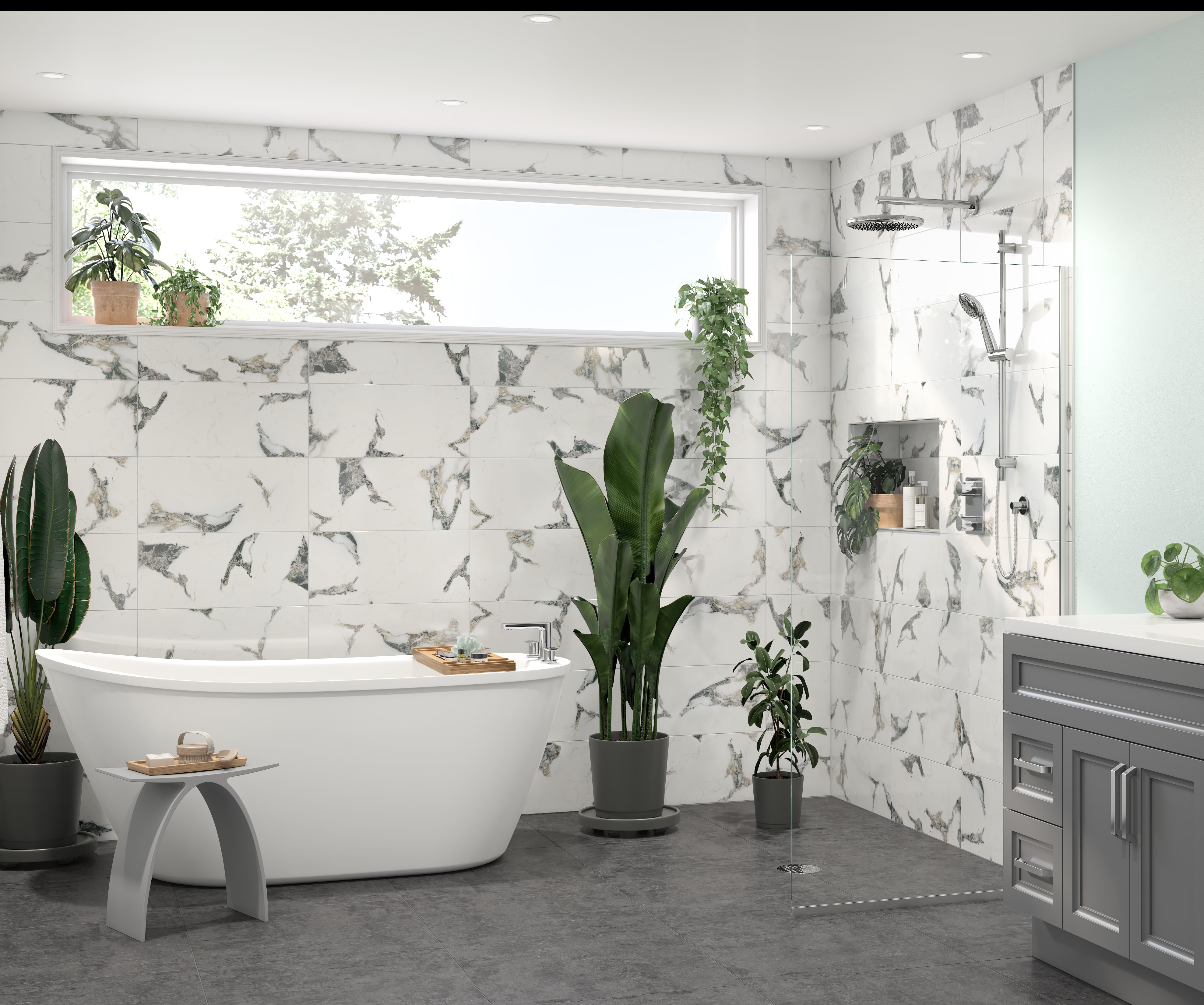 Italian shower with marbled wall tiles