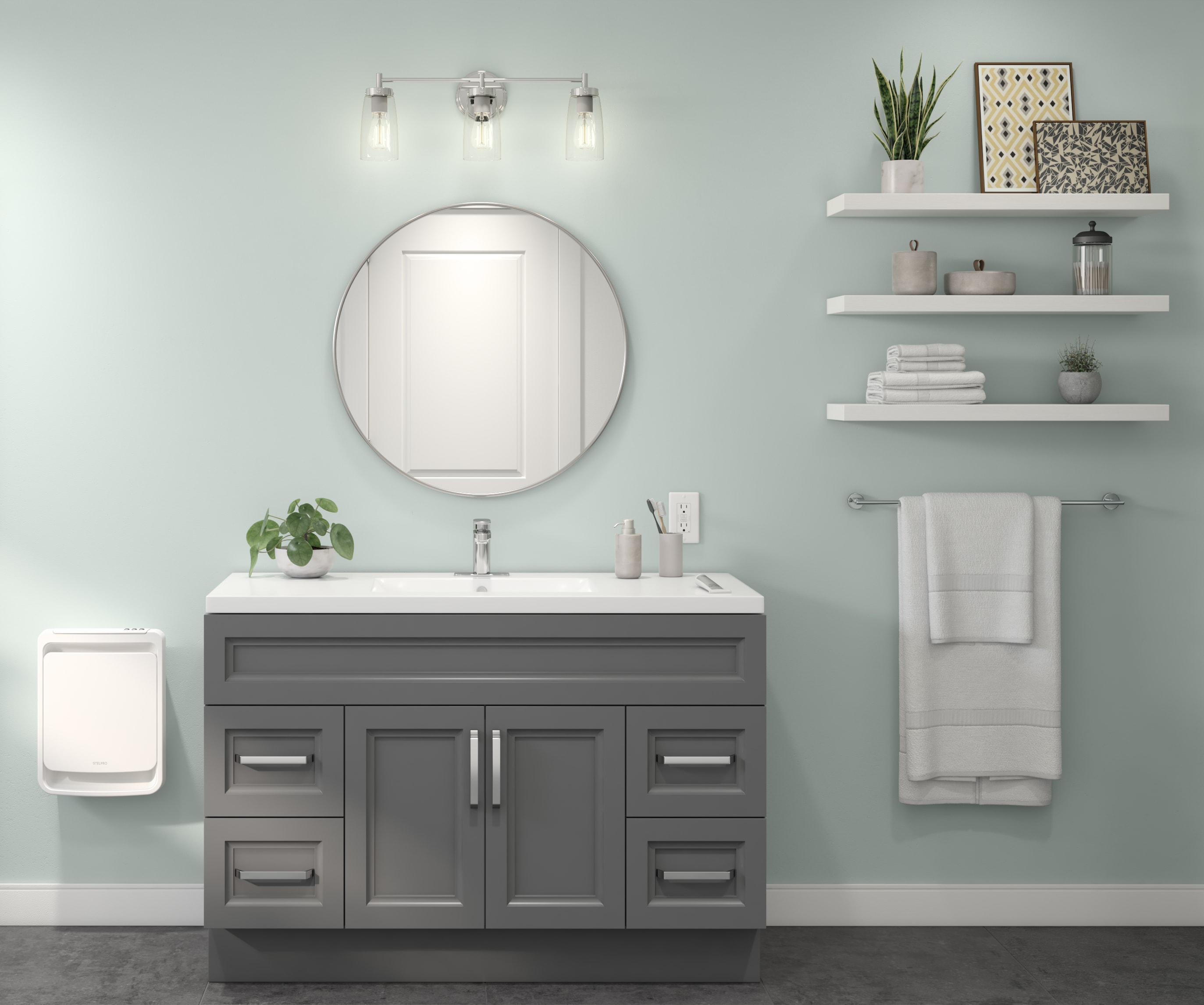 Meuble-lavabo gris avec trois tablettes murales