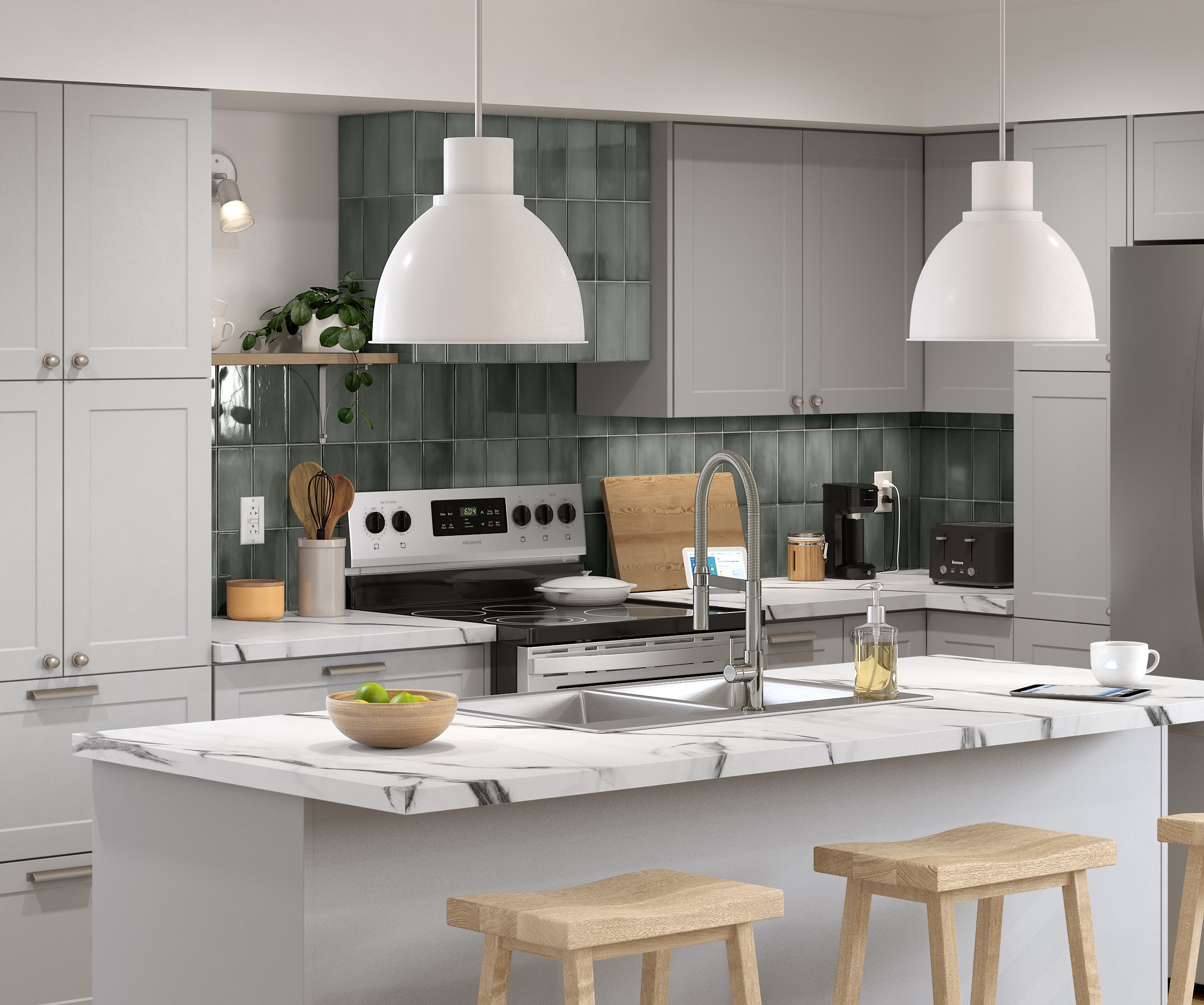 Kitchen with glossy green wall tiles