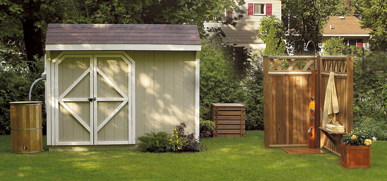 Wood garden shed in a backyard