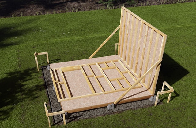 Murs d’une remise à jardin en bois en construction