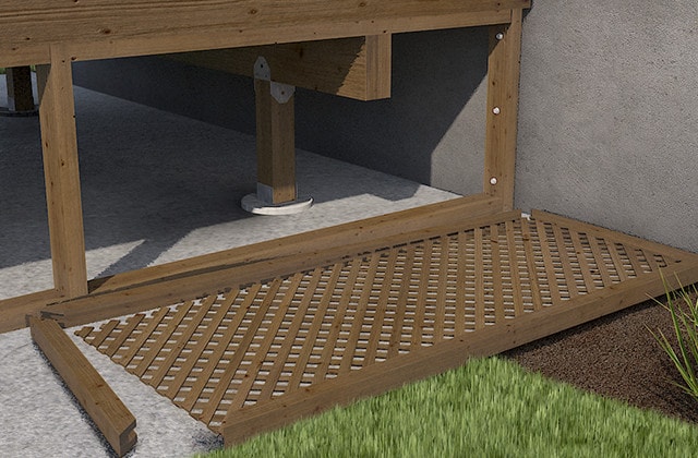 Wooden lattice on the grass beside a deck