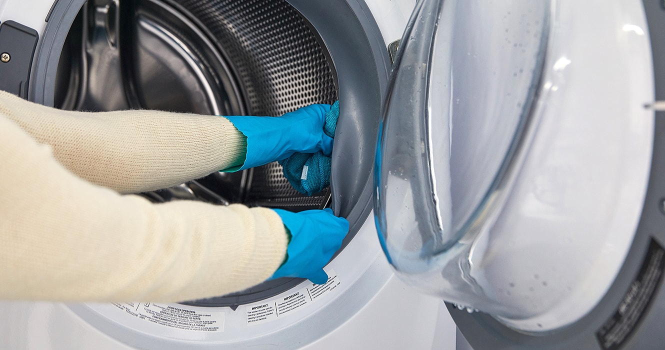 Person cleaning the joint of a washer door