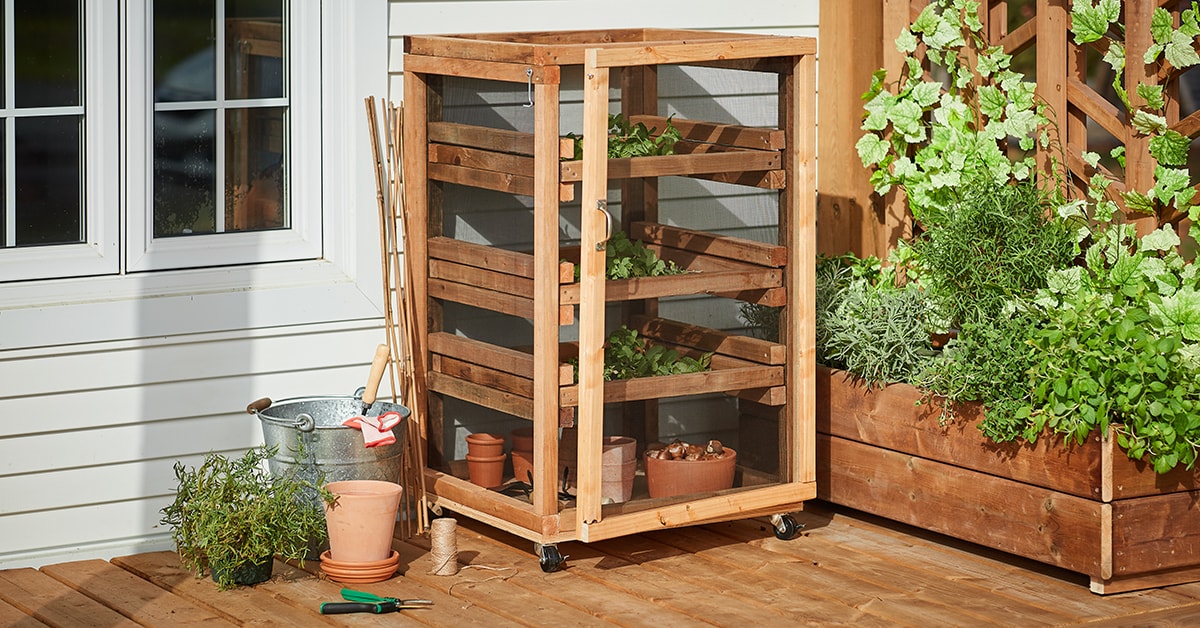 Séchoir à fines herbes extérieur sur une terrasse en bois