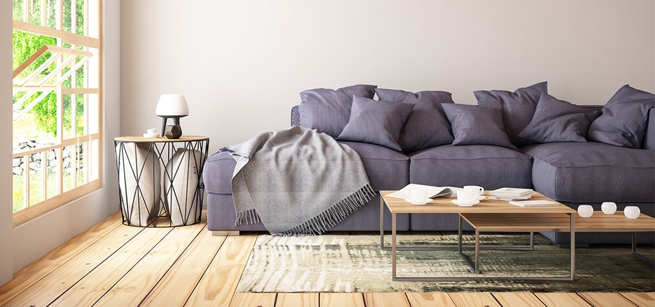 Living room with large plank hardwood flooring