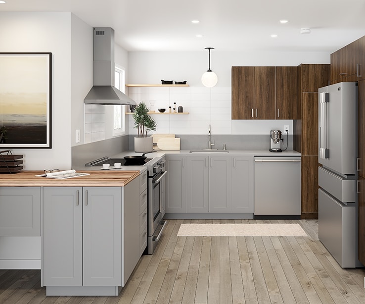 Kitchen with greige hardwood floor