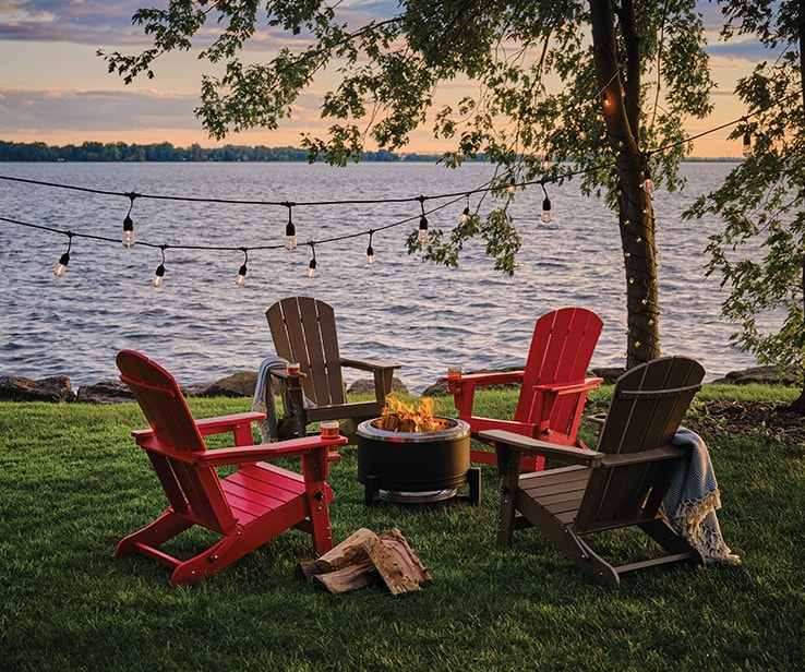 Wood-burning fireplace in front of a lake