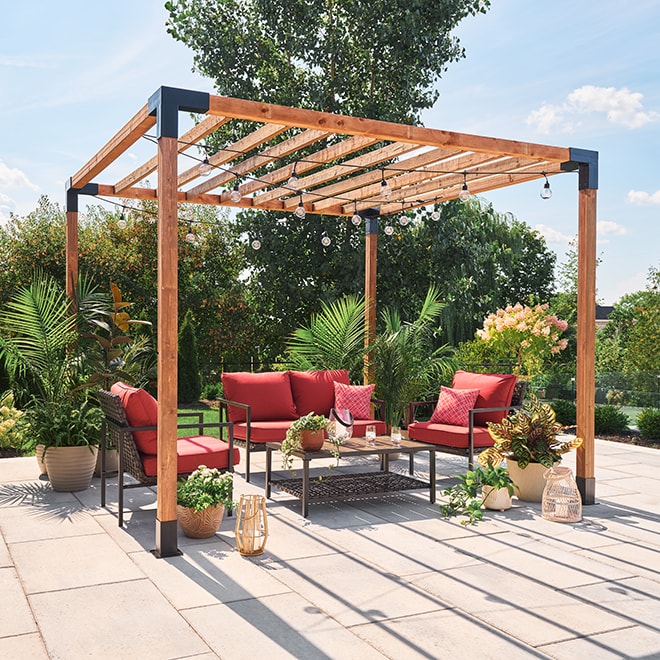 Modern wooden pergola with string lights 