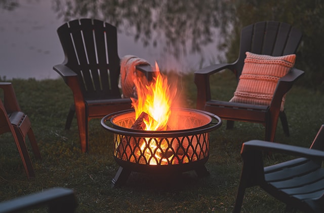 Wood-burning fire pit near a lake