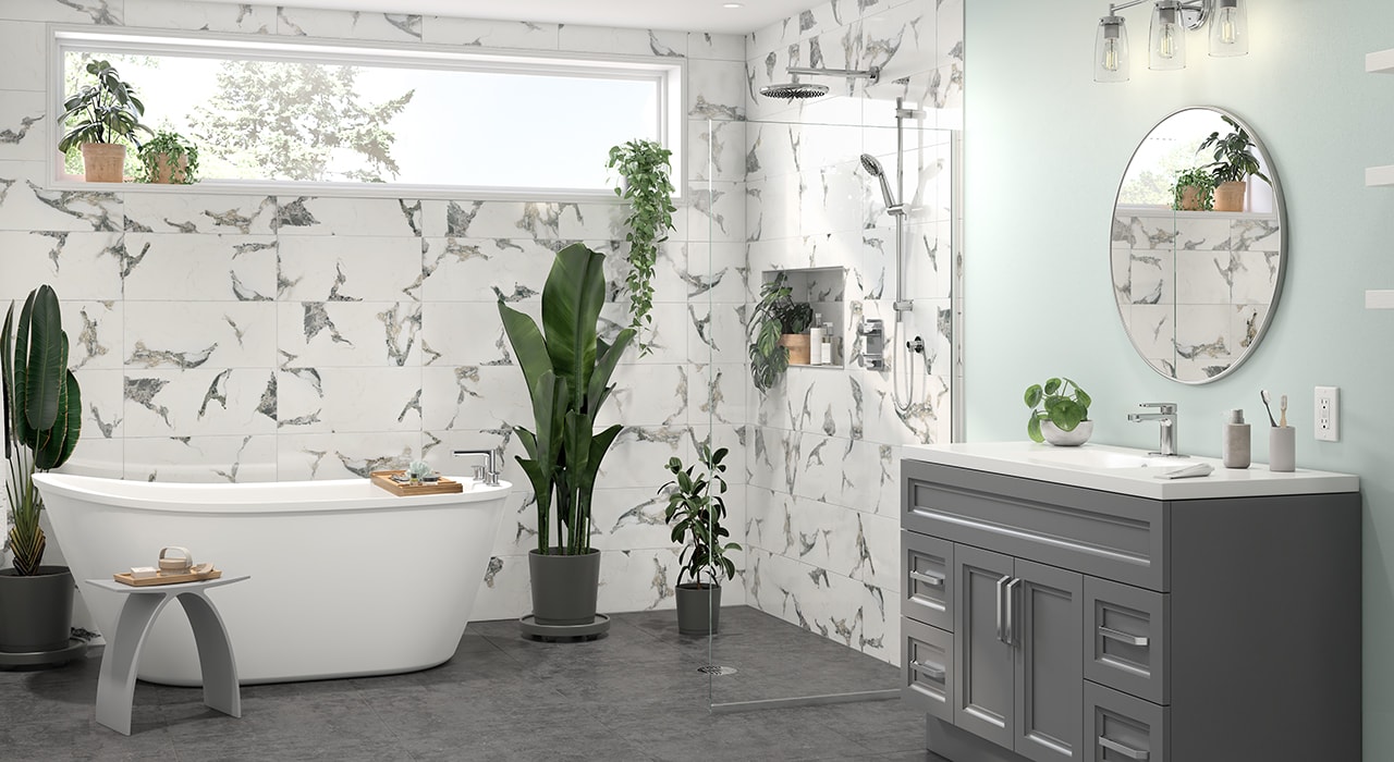 Modern bathroom with several houseplants