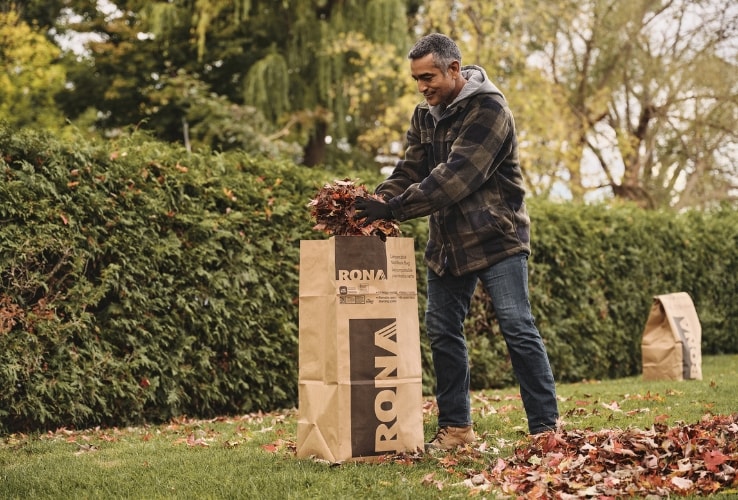 Man picking up fallen leaves