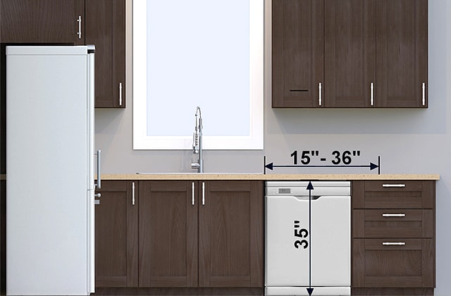 Illustration of a dishwasher with measurements