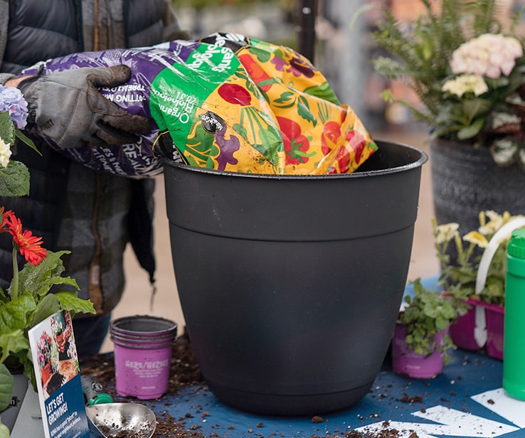 Homme versant de la terre dans un pot