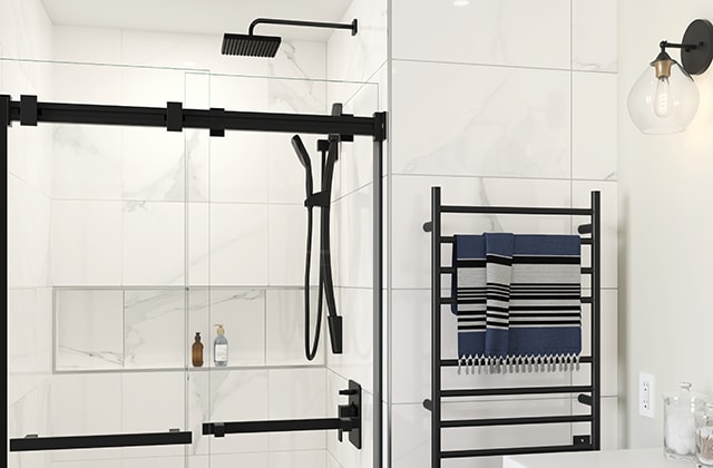 Matte black and glass shower with a rainfall showerhead